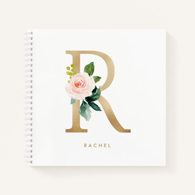 Pretty Florals Faux Gold Foil Letter R Monogram  Notebook (Front)