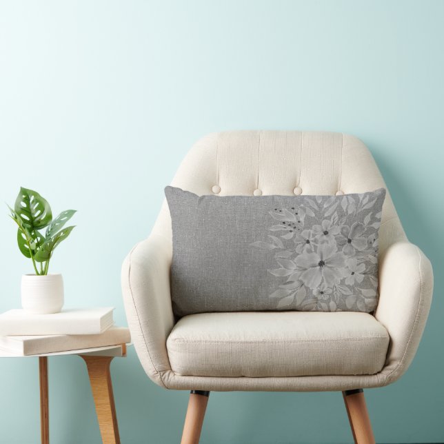Pretty Florals Faux Linen Texture Grey Monochromat Lumbar Pillow (Chair)