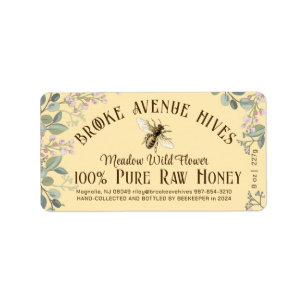 Pretty Flower Bee Date Harvested Honey Yellow Label