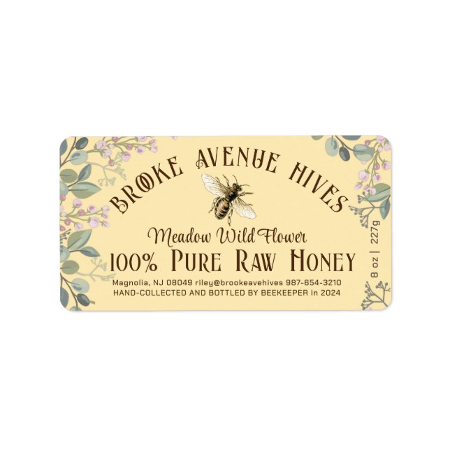 Pretty Flower Bee Date Harvested Honey Yellow Label (Front)