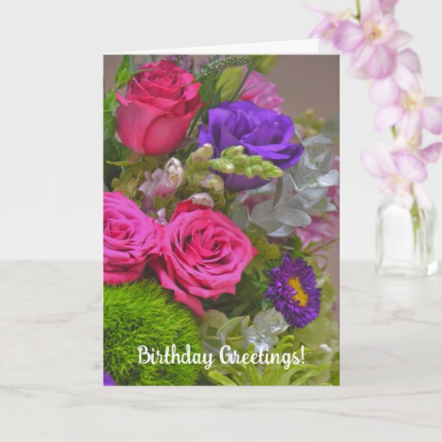 Pretty Flower Bouquet Art Birthday Card (Orchid)