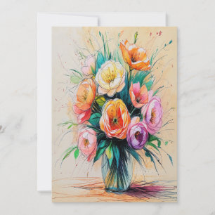 Pretty Flower Bouquet Art Colour Pencils Drawing Holiday Card