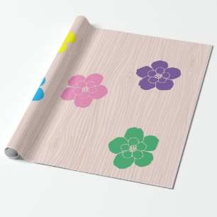 Pretty Flower Cutouts on Woodgrain Backdrop Wrapping Paper