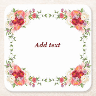 Pretty Flower Frame Template, Customizable, Square Paper Coaster