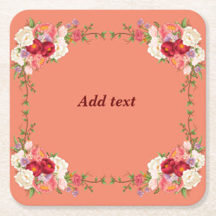 Pretty Flower Frame Template, Customizable, Square Paper Coaster