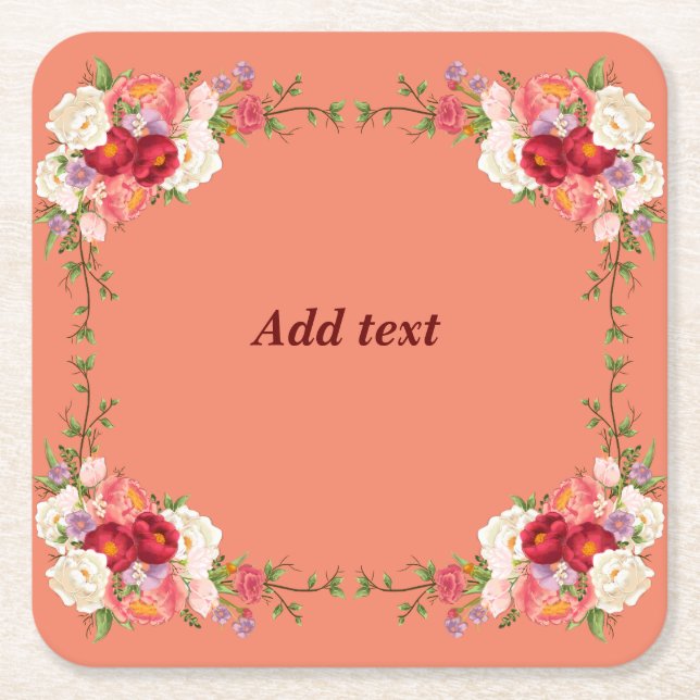 Pretty Flower Frame Template, Customizable, Square Paper Coaster (Front)