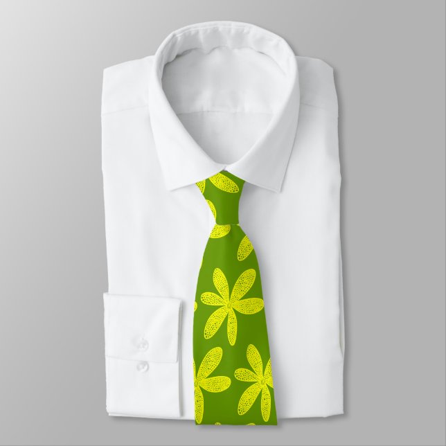 Pretty Flower - Yellow on Avocado Green Tie (Tied)