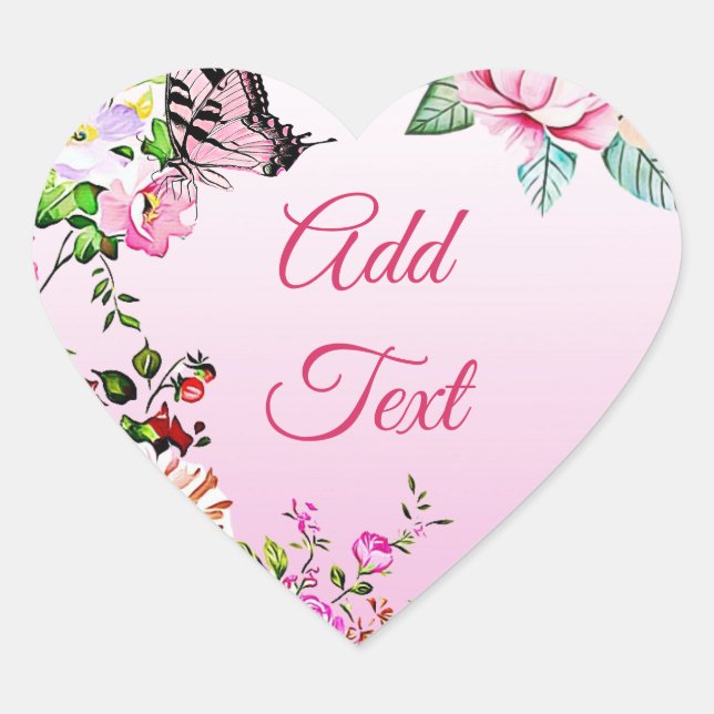Pretty Flowers and Butterfly Heart Heart Sticker (Front)