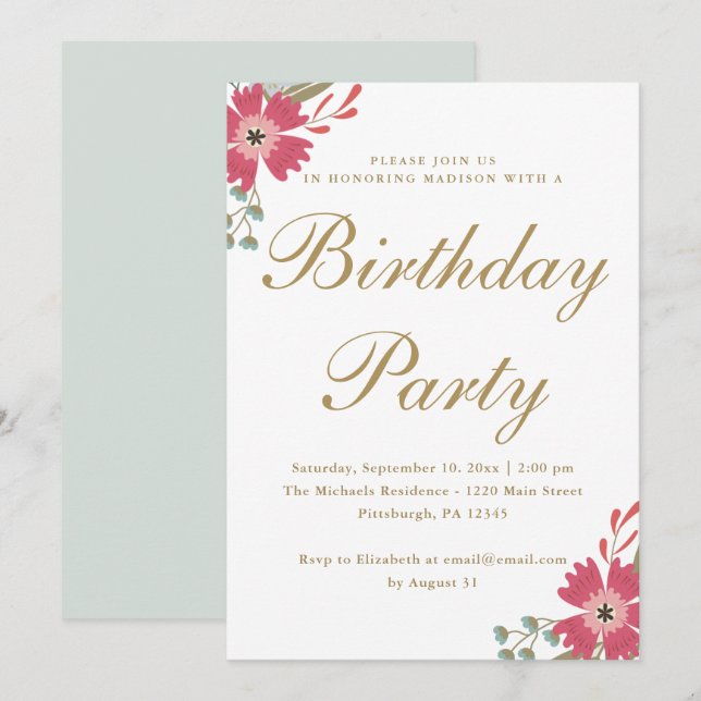 Pretty Flowers and Mint Green Birthday Party Invitation (Front/Back)