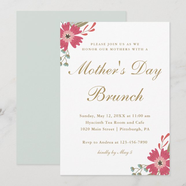 Pretty Flowers and Mint Green Mother's Day Brunch Invitation (Front/Back)