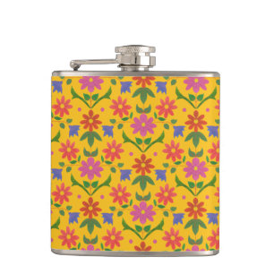 Pretty Flowers and Polka Dots on Yellow Hip Flask