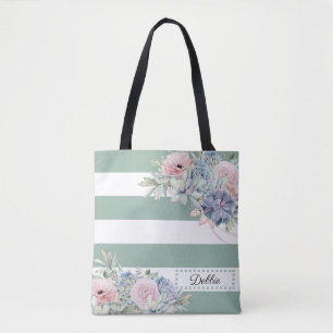 Pretty Flowers And Sage Green Stripes Tote Bag
