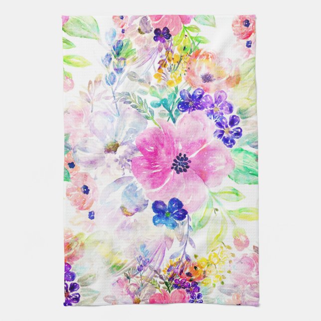 Pretty Flowers Boho Floral Watercolor Design Kitchen Towel (Vertical)