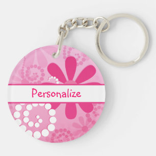 Pretty Flowers Cute Pink Retro Daisies With Name Keychain