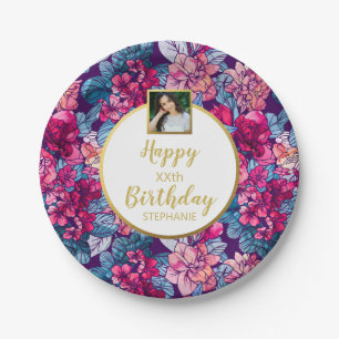 Pretty Flowers, Happy Birthday, Custom Photo Text Paper Plate