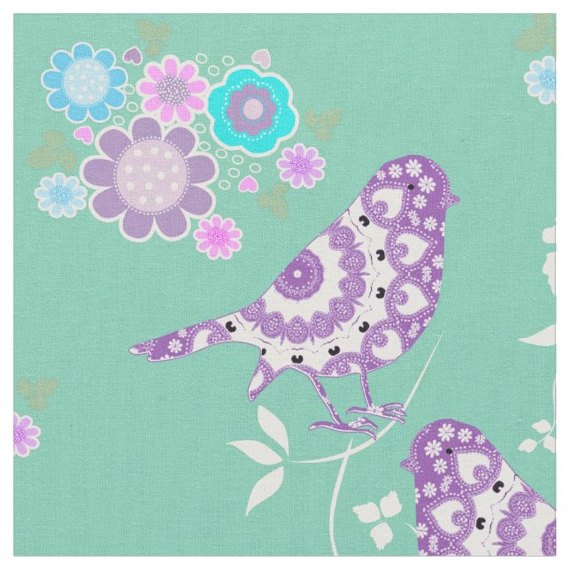 Pretty Flowers Hearts And Patterned Birds Fabric (Close Up)