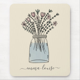 Pretty Flowers Mason Jar Hand Lettered Monogram Mouse Pad