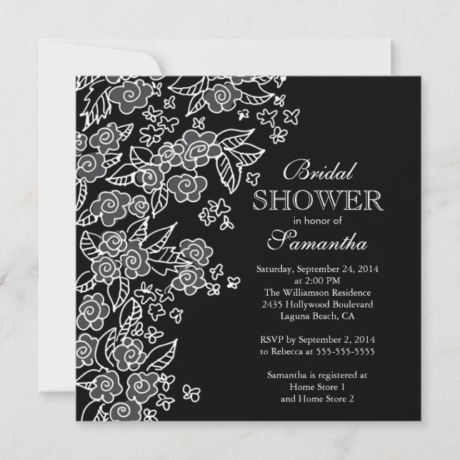 Pretty Flowers Modern Black & white Bridal Shower Invitation (Front)