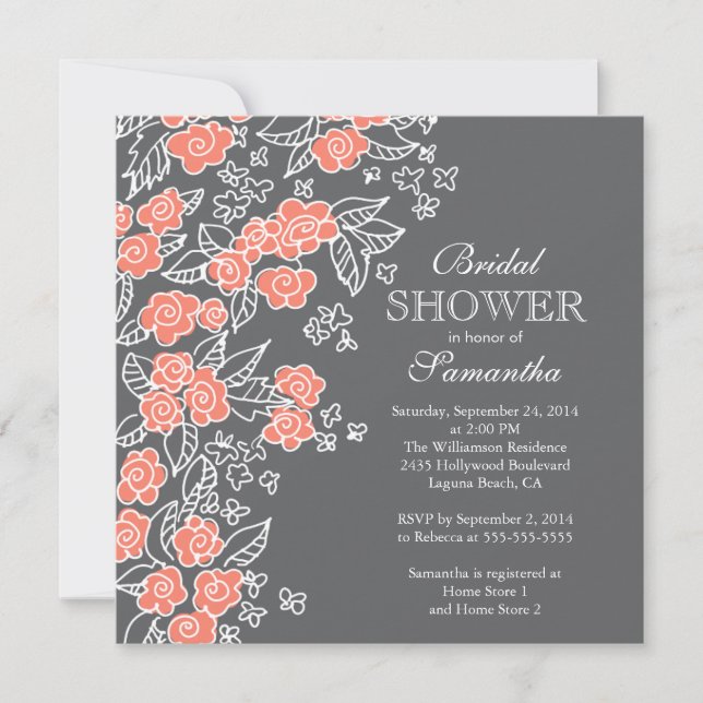 Pretty Flowers Modern Grey & Coral Bridal Shower Invitation (Front)