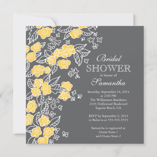 Pretty Flowers Modern Grey & Yellow Bridal Shower Invitation (Front)