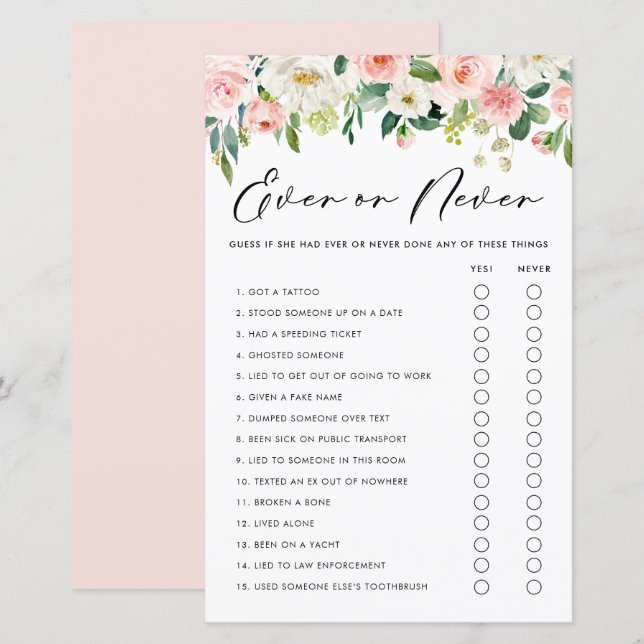 Pretty Flowers Never Have I Ever Shower Game (Front/Back)