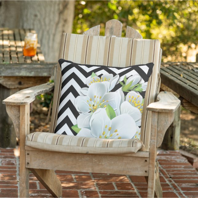Pretty Flowers On Black And White Zigzag Pattern Outdoor Pillow (Chair)