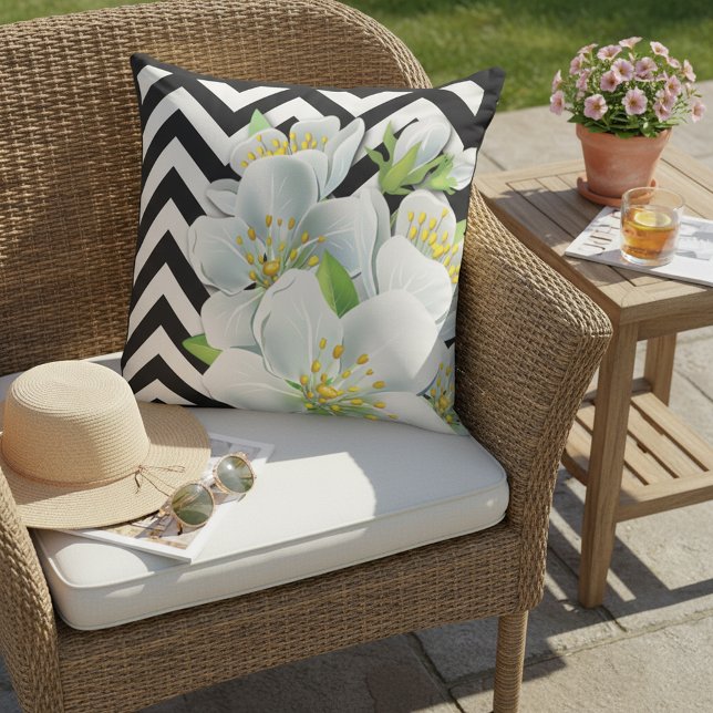 Pretty Flowers On Black And White Zigzag Pattern Outdoor Pillow (Creator Uploaded)
