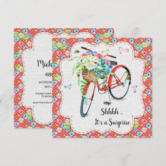 Pretty Flowers & Red Bike Surprise Birthday Party Invitation
