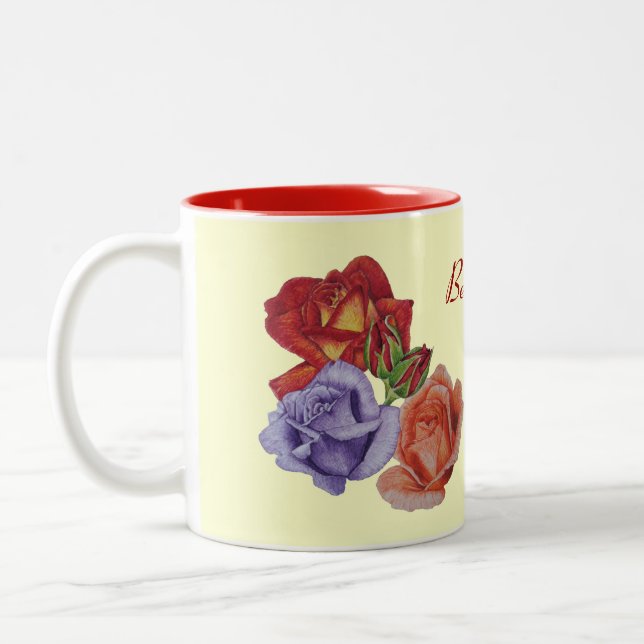 pretty flowers red roses and rose buds floral Two-Tone coffee mug (Left)