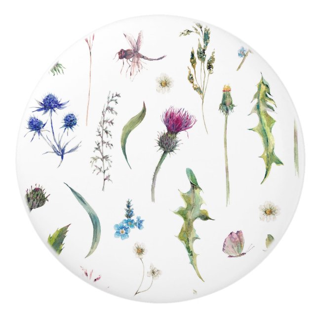 Pretty Flowers Thistle Dragonfly Design Ceramic Knob (Front)
