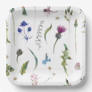 Pretty Flowers Thistle Dragonfly Design Paper Plate