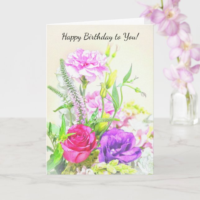 Pretty Flowers Vintage Style Birthday Card (Orchid)
