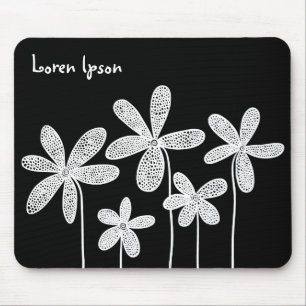 Pretty Flowers - White on Black Mouse Pad