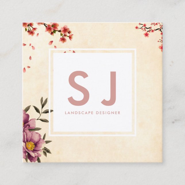 Pretty Flowery Botanical Landscape Designer Square Business Card (Front)