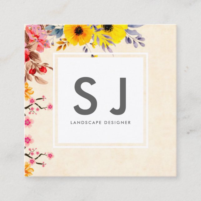 Pretty Flowery Botanical Landscape Designer Square Business Card (Front)
