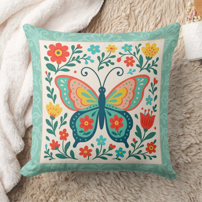 Pretty Folk Art Butterfly  Throw Pillow (Blanket)
