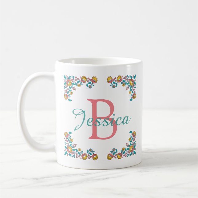 Pretty Folk Art Floral Frame Monogram Name Coffee Mug (Left)