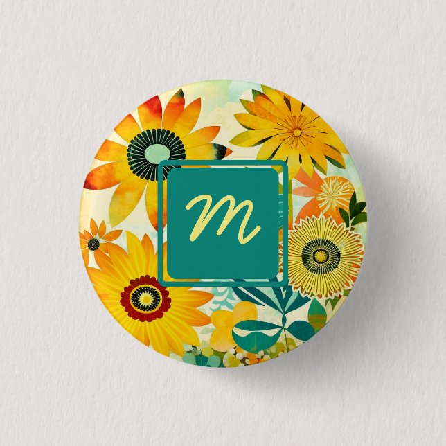 Pretty Folk Art Flowers Monogrammed 1 Inch Round Button (Front)