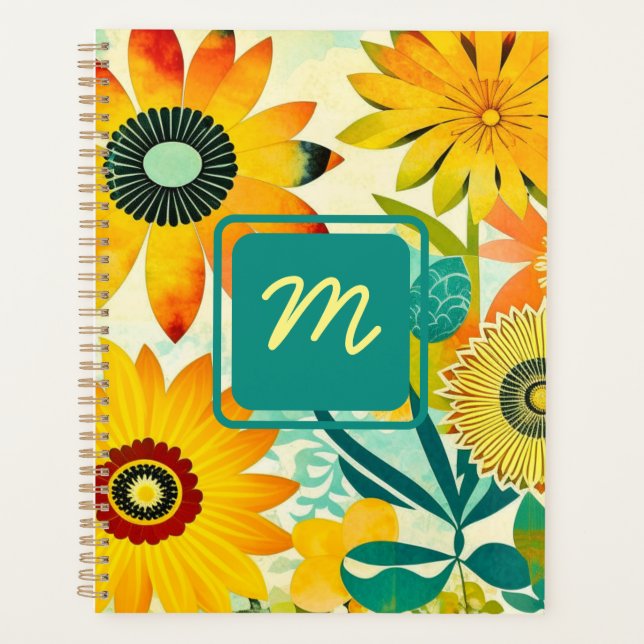 Pretty Folk Art Flowers Monogrammed Planner (Front)