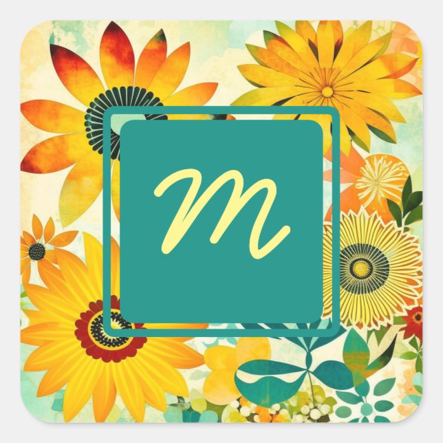 Pretty Folk Art Flowers Monogrammed Square Sticker (Front)