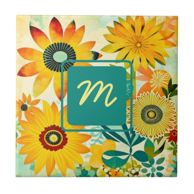 Pretty Folk Art Flowers Monogrammed Tile (Front)
