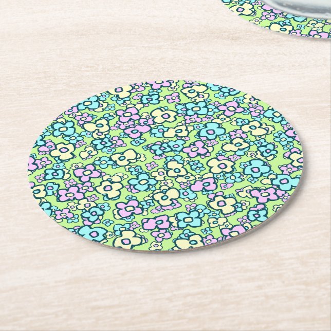 Pretty Folk Art Flowers Pastel Colours Spring Gree Round Paper Coaster (Angled)