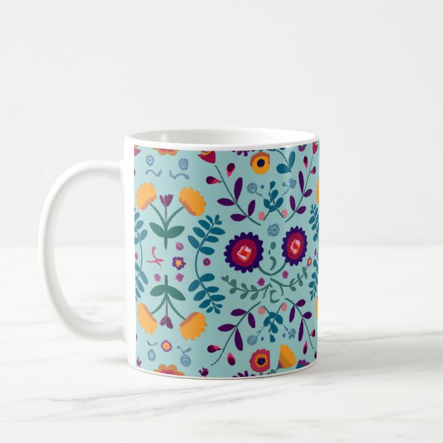 Pretty Folk Art Flowers Pattern Coffee Mug (Left)