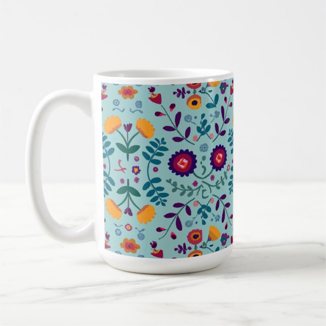 Pretty Folk Art Flowers Pattern Coffee Mug (Left)