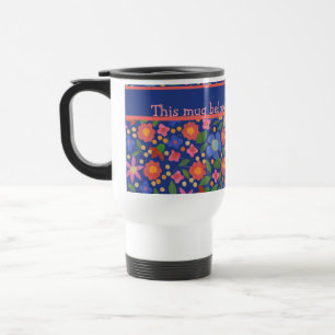 Pretty Folk Art Style Floral on Blue Travel Mug