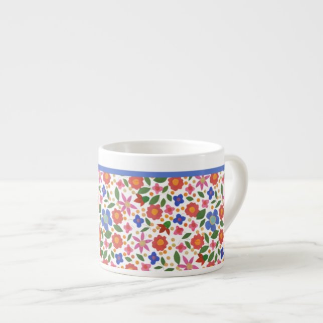 Pretty Folk Art Style Floral on White Espresso Mug (Front Right)
