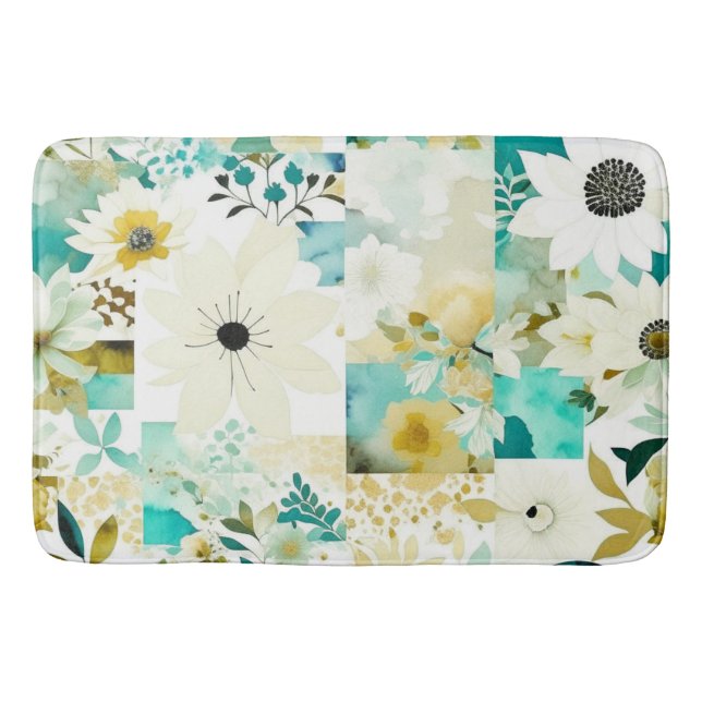 Pretty Folk Art White and Turquoise Flowers   Bath Mat (Front)