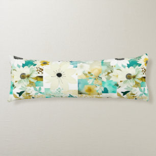 Pretty Folk Art White and Turquoise Flowers Body Pillow
