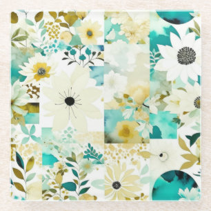 Pretty Folk Art White and Turquoise Flowers   Glass Coaster