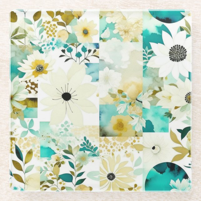 Pretty Folk Art White and Turquoise Flowers   Glass Coaster (Front)